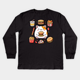 Funny Cat in Love with Fast Food, Burger, Pizza and Fries Kids Long Sleeve T-Shirt